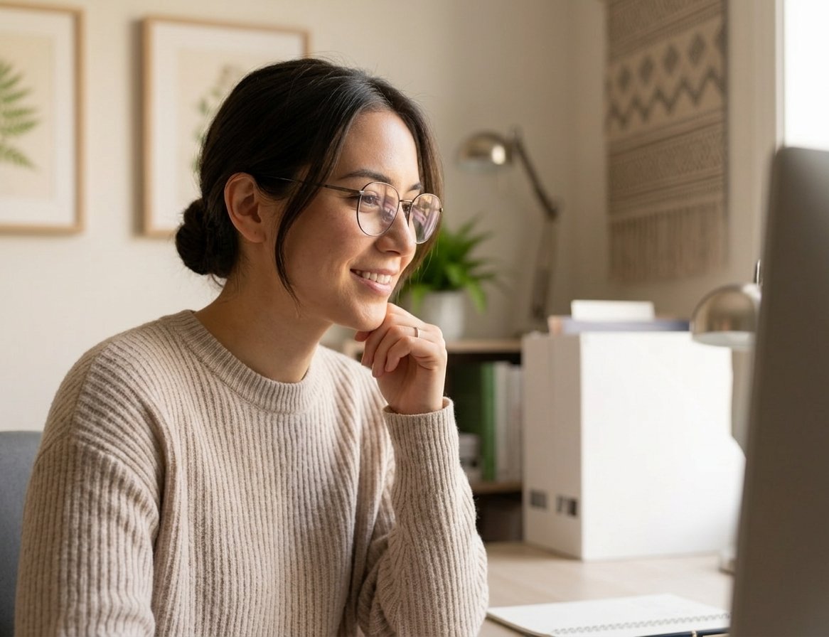 A smiling woman at her desk